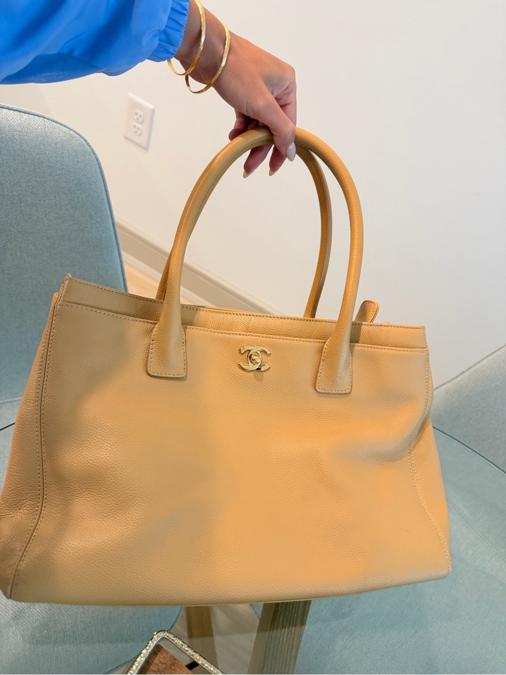 Chanel Beige Leather Cerf Tote Bag with Gold CC